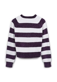 Purple and white striped knitted sweater with a ribbed texture, round neckline, and long sleeves. Cropped fit with reinforced cuffs.