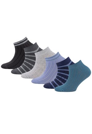 Six pairs of ankle socks in black, gray, light gray, lavender, navy with stripes, and teal, arranged in a row on a white background.