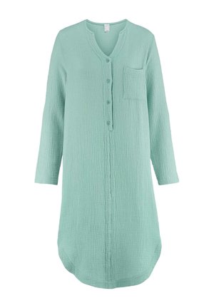 Tunique longue vert menthe à manches longues avec un col en V, dotée d'une poche avant, d'une fermeture à boutons et d'un tissu texturé avec un aspect froissé.