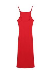 Abito midi rosso senza maniche con sottili spalline, realizzato in tessuto morbido. Silhouette aderente con taglio dritto e dettagli delle cuciture minimi.