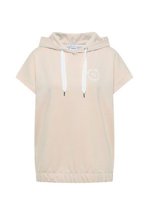 Sweat à capuche beige à manches courtes avec cordons blancs et petit logo circulaire blanc avec texte sur la poitrine gauche indiquant "KIND TO YOU & MIND".