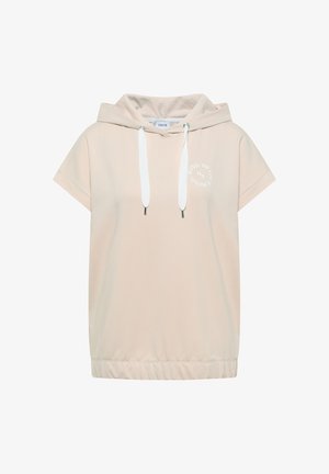 Beiger kurzärmeliger Hoodie mit weißen Kordeln und kleinem rundem weißem Textlogo auf der linken Brust mit der Aufschrift „KIND TO YOU & MIND“.