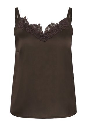 Ruskea satiininen toppi ohuilla olkaimilla ja kukkakuvioisella pitsireunuksella V-kaula-aukon ympärillä.