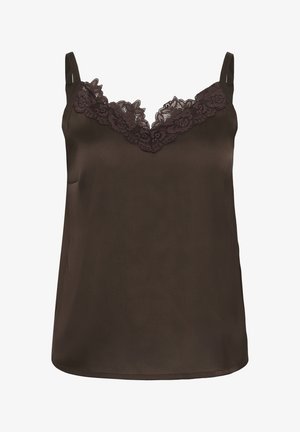 Bruine satijnen top met dunne bandjes en bloemenkant langs de V-hals.