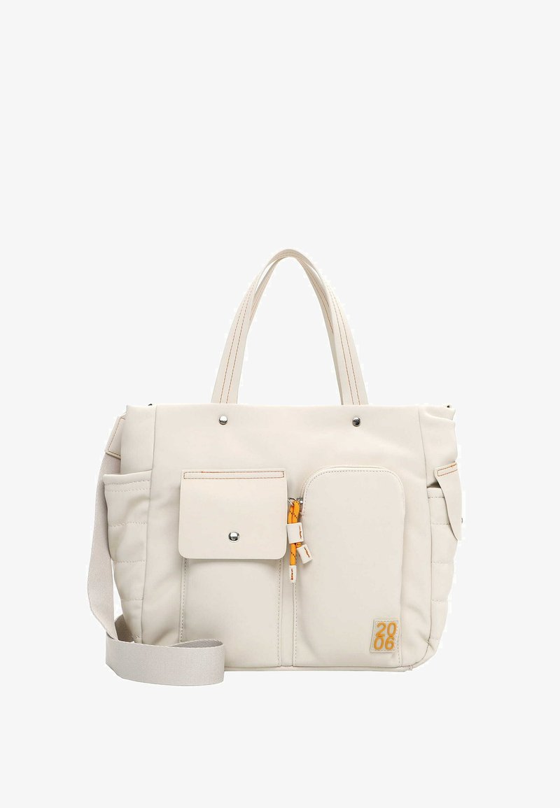 Bēša neilona iepirkumu soma ar divām rokturiem un noņemamu plecu siksnu. Ir priekšējās kabatas un oranžas rāvējslēdzēja detaļas.