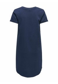 Granatowa sukienka z krótkim rękawem i okrągłym dekoltem, wykonana z jednolitego materiału, do kolan, z zakrzywionym dołem dla zapewnienia swobodnego kroju.