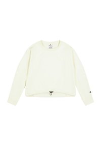 Top corto de manga larga color crema claro con cuello redondo, dobladillo con cordón, puños acanalados y detalle de logo en la manga. Textura de tela suave.