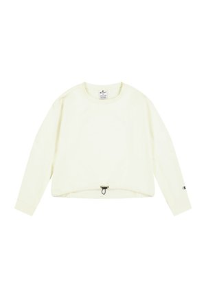 Licht crèmekleurige lange mouw crop top met een ronde hals, trekkoord aan de onderkant, geribbelde manchetten en logo-detail op de mouw. Zachte stofstructuur.