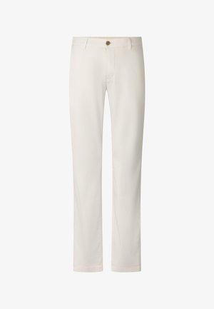 Pánské béžové kalhoty s rovnými nohavicemi, zapínáním na knoflík a zip, poutky na opasek a bez viditelných kapes.