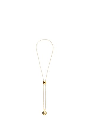 Collier doré avec chaîne fine, comportant une perle coulissante ronde ajustable et un pendentif arrondi plus grand à l'extrémité.