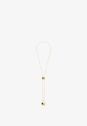 Collier doré avec chaîne fine, comportant une perle coulissante ronde ajustable et un pendentif arrondi plus grand à l'extrémité.
