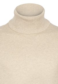 Cremfarbener Rollkragenpullover aus geripptem Strickstoff; hat einen hohen Kragen und eine weiche, strukturierte Oberfläche. Keine Muster oder Akzente sichtbar.