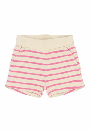 Gestreifte Shorts in Creme und Pink, aus weichem Stoff gefertigt. Mit einem elastischen Bund und seitlichen Taschen. Kurzer, lässiger Schnitt mit Falten.