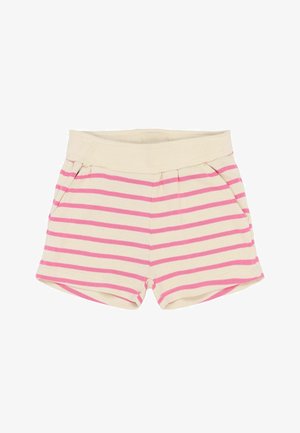 Pantalones cortos a rayas en color crema y rosa, hechos de una tela suave. Cuentan con una cinturilla elástica y bolsillos laterales. Corte corto y relajado con pliegues.