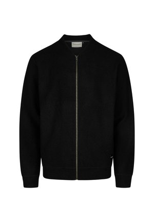 Black zip-up jacket made of soft material; features a stand collar, ribbed cuffs, and a simple design with no visible patterns.
