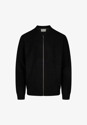 Schwarze Zip-Jacke aus weichem Material; mit Stehkragen, gerippten Bündchen und einem schlichten Design ohne sichtbare Muster.