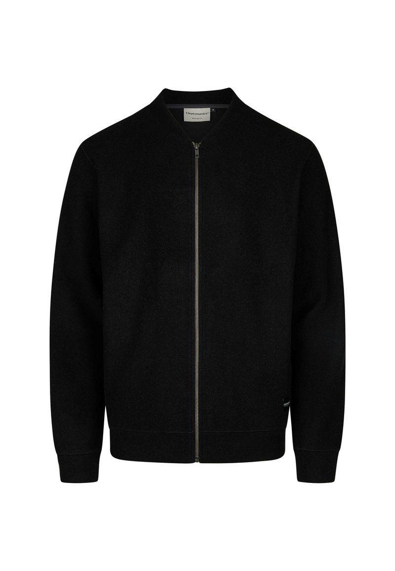 Schwarze Zip-Jacke aus weichem Material; mit Stehkragen, gerippten Bündchen und einem schlichten Design ohne sichtbare Muster.