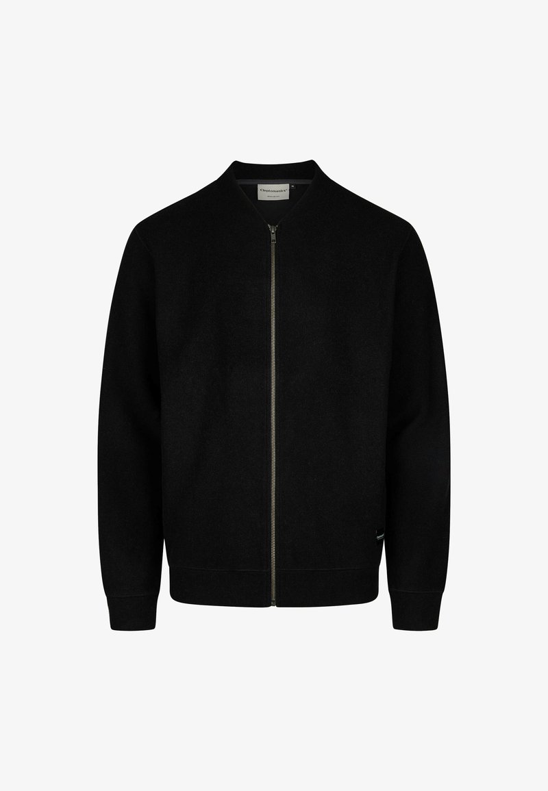 Schwarze Zip-Jacke aus weichem Material; mit Stehkragen, gerippten Bündchen und einem schlichten Design ohne sichtbare Muster.