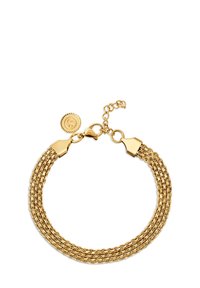 Bracciale in oro con più fili intrecciati e un gancio a moschettone. Include un ciondolo circolare con bordo texturizzato.