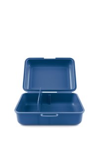 Scatola per il pranzo in plastica blu con un divisorio removibile. Forma quadrata e superficie liscia, dotata di un coperchio con cerniera e due maniglie laterali.