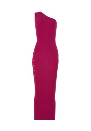 Abito fucsia in tessuto elasticizzato, caratterizzato da design monospalla, silhouette aderente e dettagli laterali con sottili ritagli.