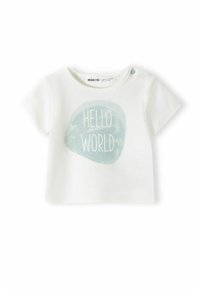 Bijela pamučna majica kratkih rukava s svijetloplavim kružnim grafikom i natpisom "HELLO WORLD" u bijelom, dizajnirana s kopčama na ramenima.