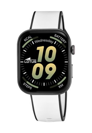 Slim horloge met een zwart rechthoekig scherm, witte band, toont de tijd 10:09, dag woensdag, en gezondheidsindicatoren voor kcal, batterij, stappen en km.