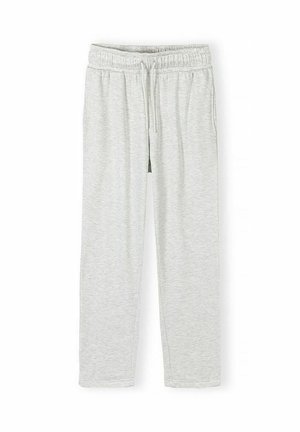 Jasnoszare spodnie dresowe z elastycznym pasem i sznurkiem, proste nogawki i boczne kieszenie, przedstawione na płasko na białym tle.
