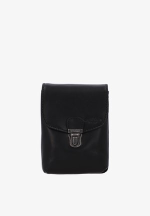 Musta nahkainen pieni pussi, jossa läppä ja hopeinen metallinen lukko, kompakti ja suorakaiteen muotoinen.