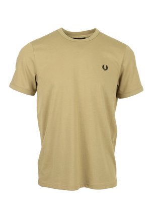 T-shirt beige à manches courtes avec col rond et petit logo couronne de laurier noir sur la poitrine gauche.