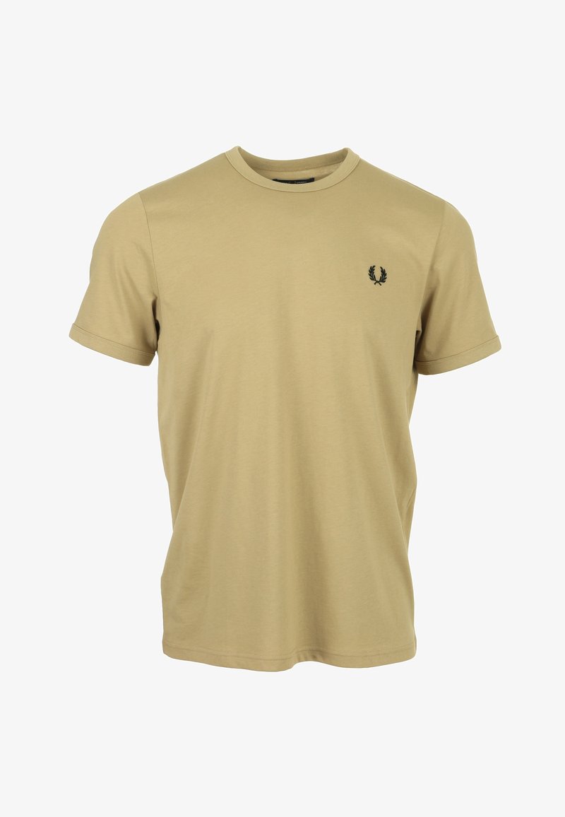 T-shirt beige à manches courtes avec col rond et petit logo couronne de laurier noir sur la poitrine gauche.