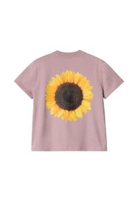 Camiseta de algodón lila con un gran gráfico de girasol en la parte posterior, con pétalos amarillos y un centro marrón oscuro. Mangas cortas.