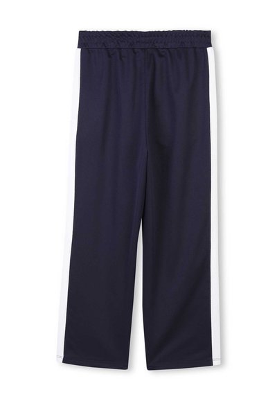 Pantalons larges bleu marine avec une taille élastique. Présente des rayures blanches verticales sur les côtés. Tissu lisse et léger.