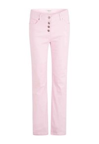 Pantaloni in denim rosa a gamba dritta, con chiusura a cinque bottoni, tasche frontali e una consistenza liscia. Design della cintura standard.
