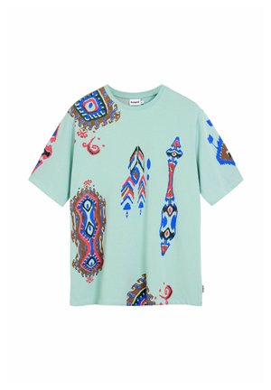 Mint green short-sleeve t-shirt with colorful geometric patterns in red, blue, and brown. Crew neckline; relaxed fit; cotton material.