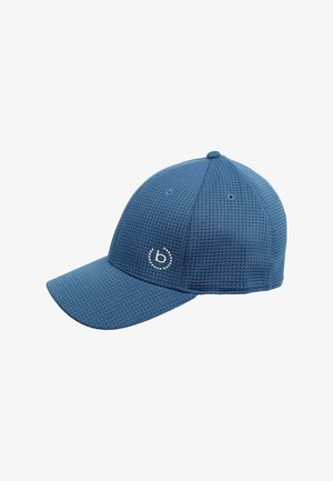 Blue mesh baseball cap with a curved visor and embroidered logo detail. Features ventilation holes for breathability and textured surface.