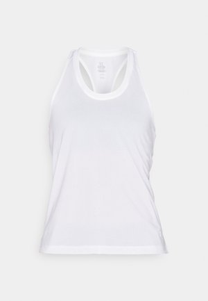 Canotta sportiva bianca realizzata in tessuto traspirante, con scollatura arrotondata e design con schiena a corsetto, caratterizzata da cuciture texturizzate all'orlo.