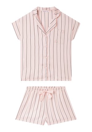 Completo pigiama a due pezzi a righe rosa chiaro realizzato in morbido tessuto satinato; top con colletto e taschino sul petto a maniche corte, pantaloni shorts con cintura elasticizzata.