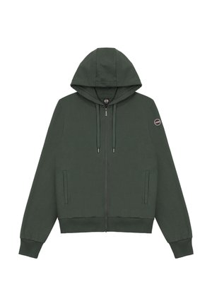 Sötétzöld cipzáras kapucnis pulóver húzózsinórokkal, oldalzsebekkel, bordázott mandzsettákkal és kis kerek logójal a bal ujjon.