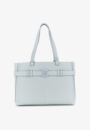 Lyseblå lædertaske med dobbelte skulderremme og en central metalplade med logoet "CAFÉ NOIR" på et dekorativt bælte.