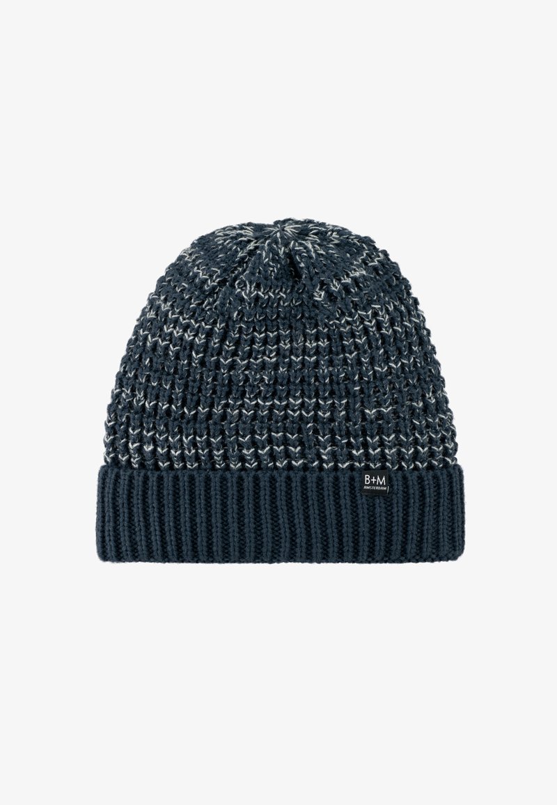 Gestrickte Mütze in dunklem Marineblau mit einem hellen gesprenkelten Muster. Verfügt über einen gerippten Saum und ein Logoschild an der Seite. Weiche Textur.
