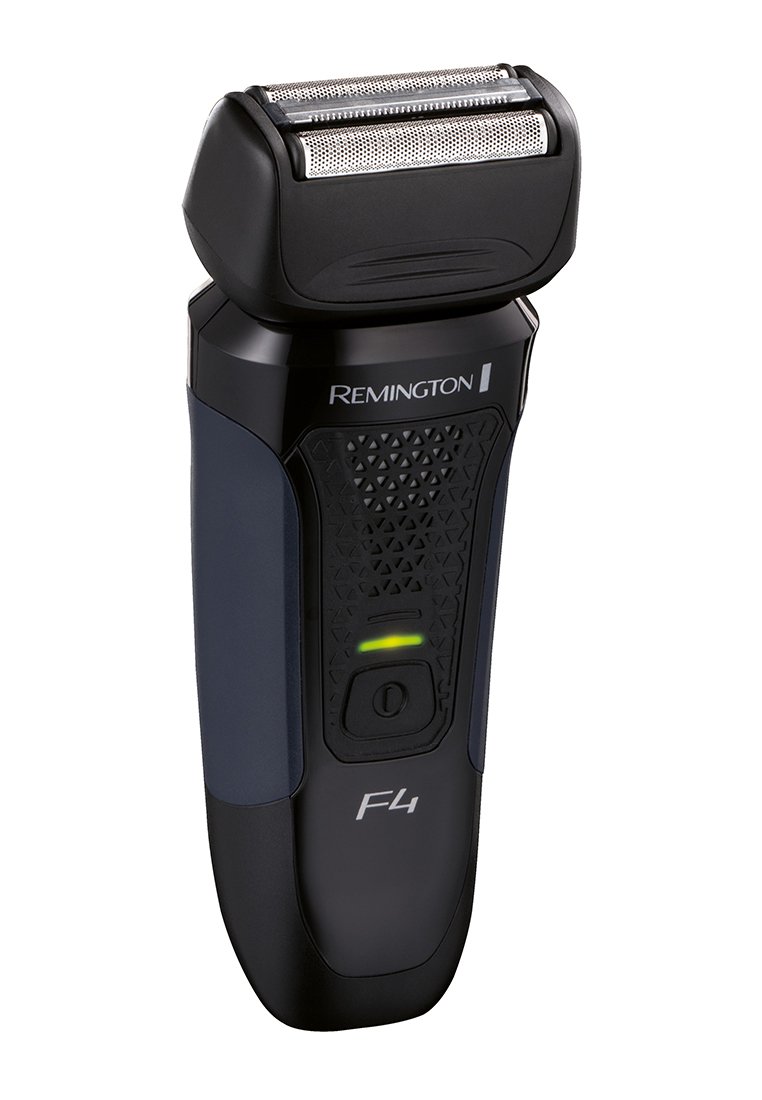 Rasoi elettrico Remington F4 in nero e blu, con testa in alluminio argento, impugnatura testurizzata, pulsante di accensione/spegnimento e luce indicatrice verde.