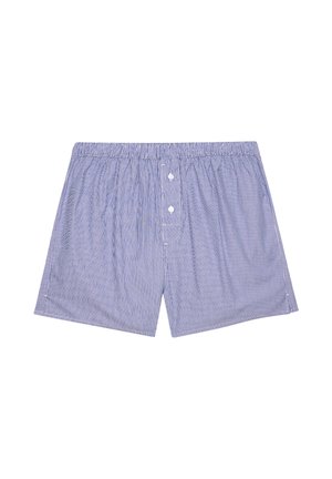 Boxers en coton pour homme à rayures verticales bleues et blanches, avec une taille élastique et deux boutons blancs à l'avant.