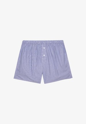 Blue and white vertical striped men's cotton boxer shorts with elastic waistband and two white buttons on front fly.