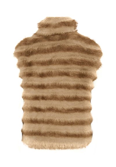 Beige- und braun gestreifter ärmelloser Kunstfell-Weste mit hohem Kragen, von hinten auf einem weißen Hintergrund betrachtet.