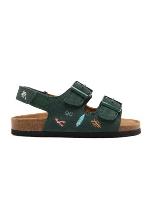 Grøn toddler sandal med to justerbare spænderemme, bagrem med velcro, broderede havtema-motiver og korksål med sort slidbane.