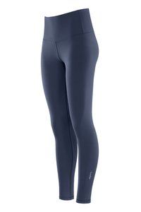 Navyblaue, hochtaillierte Leggings mit einer glatten, dehnbaren Textur und flachen Nähten. Auffälliges Logo-Element am Unterschenkel.