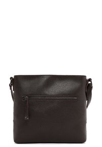 Brązowa skórzana torebka na ramię o teksturowanej powierzchni, z przednią kieszenią na zamek i regulowanym paskiem. Kwadratowy kształt o minimalistycznym designie.