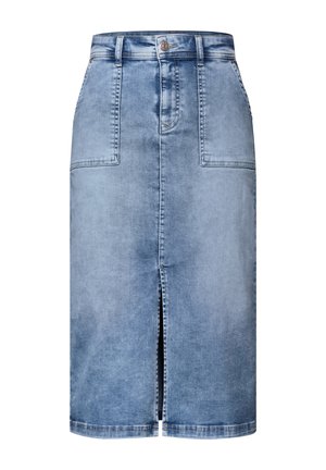Denim skirt i lys blå med en mid-længde cut, front slids og to frontlommer. Afsluttet med en knaplukning og bæltestropper.
