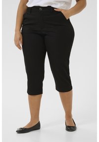 Black capri pants made of stretch fabric, featuring a fitted design, front pockets, and a smooth waistband with a single button closure.